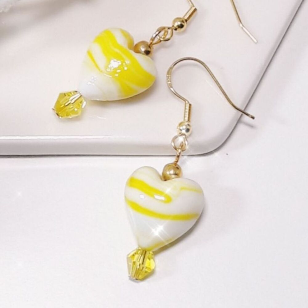Artisan Earrings 020L# Heart earrings white yellow swirls handmade glass earring